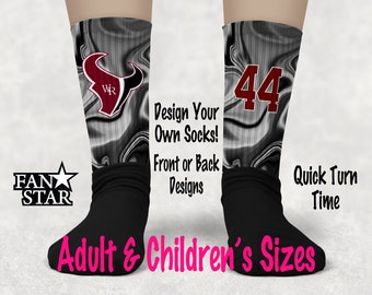 May include: A pair of black and white custom socks with a red and white bull logo on one sock and the number 44 on the other sock. The socks are available in adult and children's sizes. "Design Your Own Socks!" and "Front or Back Designs" are written on the image.