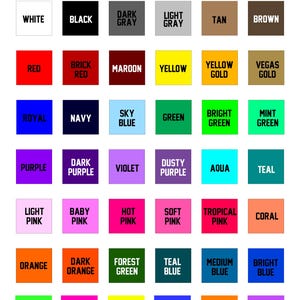 Puede incluir: Una carta de colores con el texto "COLOR OPTIONS" en la parte superior. La carta muestra una variedad de muestras de color, cada una etiquetada con un nombre de color, incluyendo blanco, negro, rojo, azul, verde y varios tonos de rosa, morado y naranja.