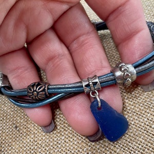 Multi strand leather bracelet with cobalt blue sea glass charm, beach life, coastal style, beach glass. Custom size.
