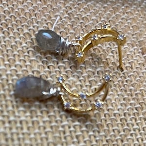 Gold dipped zircon and labradorite faceted drops stud moon earrings