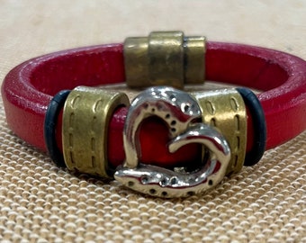 Licorice Leather heart cuff bracelet, magnetic clasp, sized for your wrist, red leather, black leather