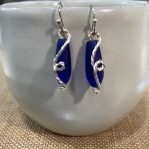 Cobalt blue tear drop frosted  sea glass earrings, wired wrapped, beach glass earrings, beach jewelry, holiday earrings