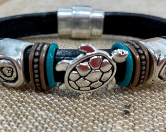 Licorice Leather Turtle cuff bracelet, magnetic clasp, sized for your wrist, black leather
