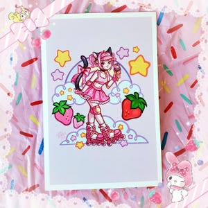 May include: A vibrant illustration of a character in pink attire, roller skates, and cat ears, holding an ice cream cone. The artwork includes strawberries, stars, and a rainbow, with a charming, whimsical style.