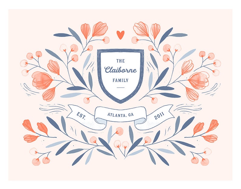 Custom Family Crest With Watercolor Flowers 11 x | Etsy