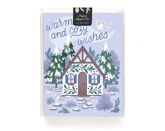 Winter Cottage Holiday Card Box Set of 8 - Holiday Card - Cozy Card - Blank Inside