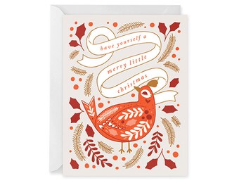 Merry Bird Card - Cardinal Card - Merry Little Christmas Card - Red Bird - Single Card Blank Inside