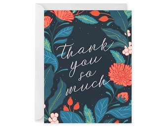 Thank You Card - Thank You Dark Floral Card - Single Card Blank Inside