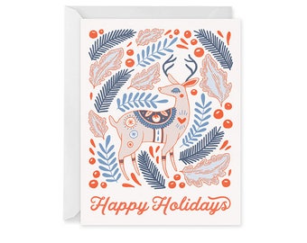 Festive Reindeer Card - Holiday Card - Happy Holiday - Caribou Card - Single Card Blank Inside