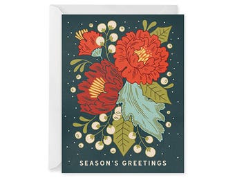 Festive Florals Holiday Card - Holiday Card - Wreath - Seasons Greetings - Single Card Blank Inside