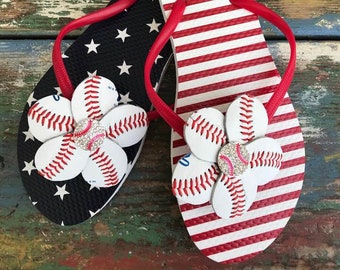Baseball Red, White & blue flip flops
