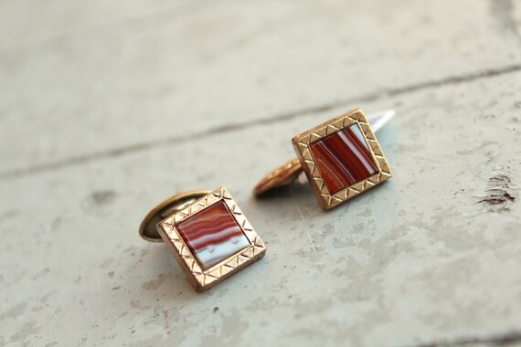 Victorian Style Agate Gold Fill Cuff Links // Ora… - image 2