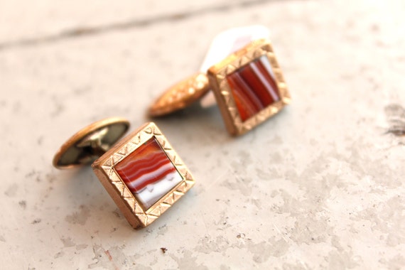 Victorian Style Agate Gold Fill Cuff Links // Ora… - image 1