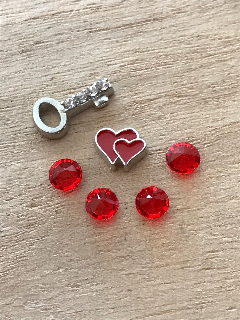 Floating Charms Rhinestone Key Red Hearts July Birthstone Anniversary Birthday Son Daughter Mom Dad for Floating Memory Glass Lockets