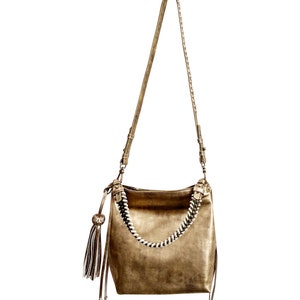 MINI BACALAR Metallic Gold Soft Leather Slouchy Hobo Bag with removable olive strap