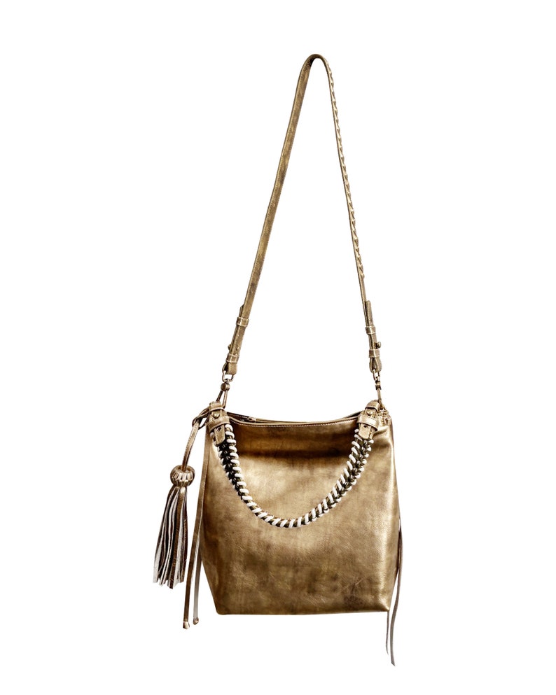 MINI BACALAR Metallic Gold Soft Leather Slouchy Hobo Bag with removable olive strap
