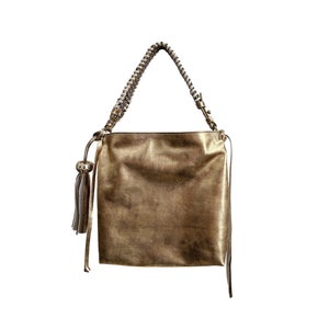 MINI BACALAR Metallic Gold Soft Leather Slouchy Hobo Bag with removable olive strap