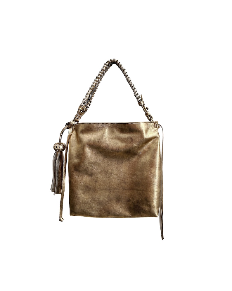 MINI BACALAR Metallic Gold Soft Leather Slouchy Hobo Bag with removable olive strap