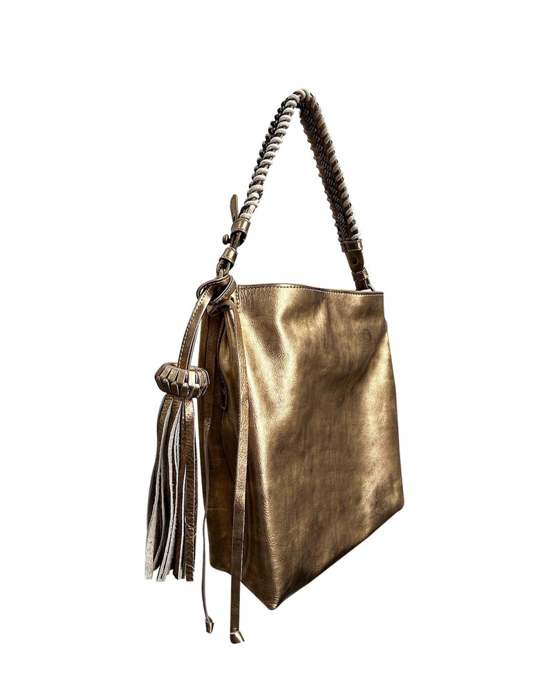 MINI BACALAR Metallic Gold Soft Leather Slouchy Hobo Bag with removable olive strap