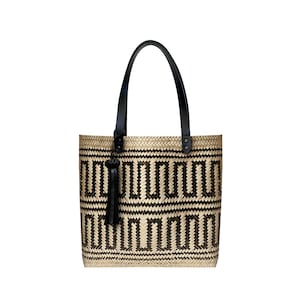 KETA black leather tote bag / black rectangle hand woven natural leaf palm