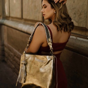 MINI BACALAR Metallic Gold Soft Leather Slouchy Hobo Bag with removable olive strap