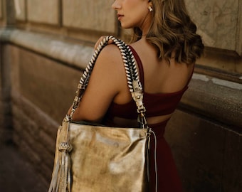 MINI BACALAR Metallic Gold Soft Leather Slouchy Hobo Bag with removable handwoven strap