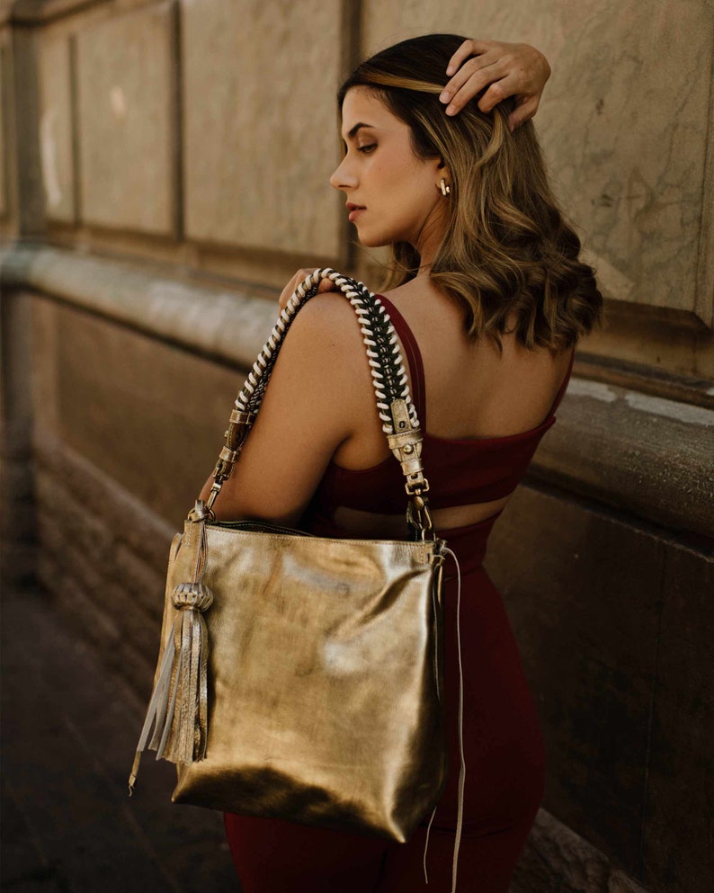 MINI BACALAR Metallic Gold Soft Leather Slouchy Hobo Bag with removable olive strap