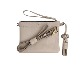 CAMILA Taupe/Gray Leather Clutch - Crossbody Boho Inspired