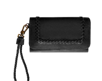 Women's Full Grain Black Leather MILA Crossbody Wallet with Wrist Strap