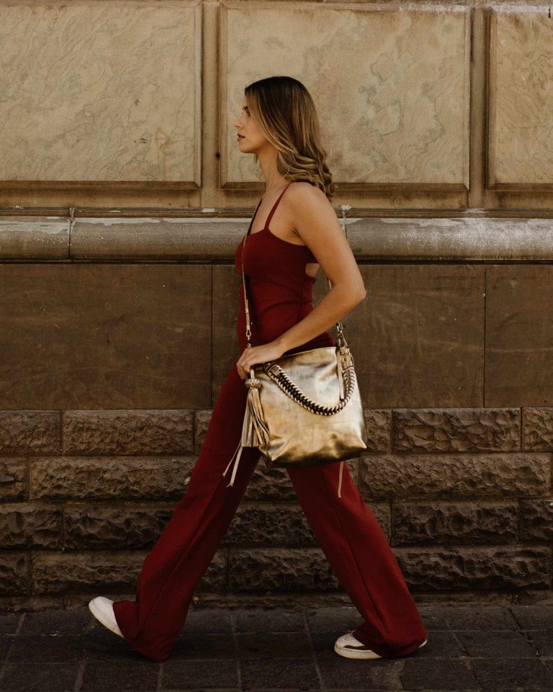 MINI BACALAR Metallic Gold Soft Leather Slouchy Hobo Bag with removable olive strap