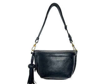 Sling Bag Crossbody Genuine All Black Leather / Designer Belt Bag / Small Waist Pack For Daily Use / Hip Pack For Travel