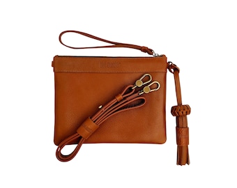 CAMILA Tan/Camel Leather Clutch - Crossbody