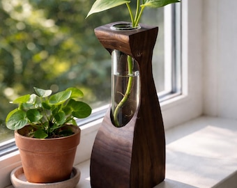 Handcrafted Walnut Propagation Vase – Minimal Wood Plant Holder