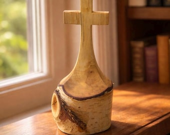 Handcrafted White Birch Log Cross – Christian Decor  – Faith Gift for Home or Desk