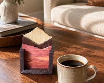 Mountain Scene Wood Coaster Set with Holder | Handmade Coffee Table Decor