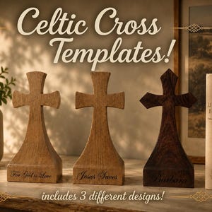 May include: Three wooden Celtic cross templates standing upright. The left cross is light brown with the text For God is Love. The center cross is medium brown with the text Jesus Saves. The right cross is dark brown with the text Barbara.