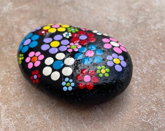 painted stone art Big folk dot art flower art painted rock Flowers painted on rock in volk art style