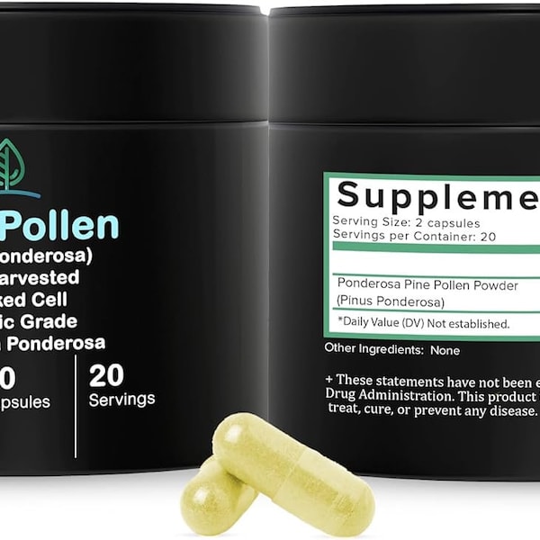 Pine Pollen Capsules 500mg by Holistic Bin | Pharmaceutical Grade, Organic Wild Harvested California Pine Pollen Powder (40 Capsules)