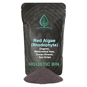May include: A resealable pouch of dried red algae, labelled "Red Algae (Rhodophyta)" with the text "Organic, Wildcrafted Raw, Ocean Rinsed, Sun Dried" and "HOLISTIC BIN".