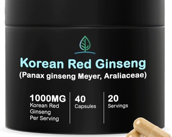 Korean Red Ginseng Capsules Pure Panax Ginseng Supplement | Vegan, Gluten Free, Non GMO, No Fillers | Rich in Ginsenosides (40 Capsules)