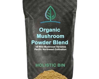 Poudre de mélange de champignons bio Holistic Bin 19 variétés récoltées à l&#39;état sauvage (crinière de lion, reishi, enoki, queue de dinde, cordyceps et plus) - 50 gr