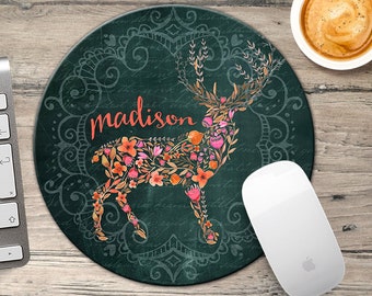 Flower Deer Mousepad, Personalized Deer on Mousepad, Woodland Deer, Personalized Mousepad, Boho Chic Deer Mousepad, Christmas Gift Under 15