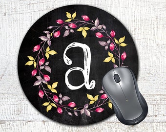 Monogrammed Wreath Mousepad, Chalkboard Initial Monogram Mouse Pad, Chalk Monogram Mousepad, Boho Chic Mouse Pad