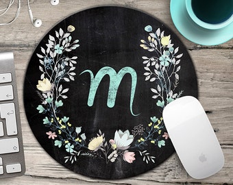 Chalkboard Initial Mousepad, Chalkboard Wreath Mouse Pad, Chalk Monogram and Flowers Mousepad, Boho Chic Mouse Pad