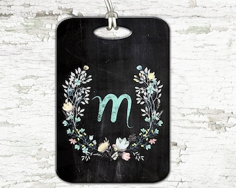 Chalkboard Initial Luggage Tag, Chalkboard Wreath Bag tag, Monogram and Flowers Luggage Tag, Monogrammed Gift, Personalized Tag, Gift