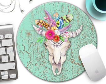 Feathers and Flowers Cow Skull on Crackled Turquoise Wood Mousepad, Bohemian Chic Cow skull Mouse Pad, Tribal Cow skull Mouse Pad, Mouse Mat