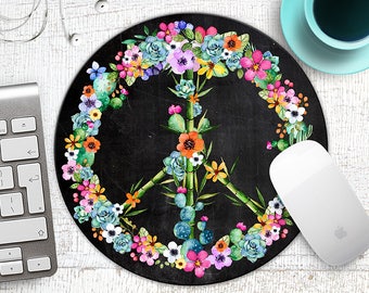 Succulents and Flowers Peace Symbol Mouse Pad, Succulent Wreath Peace Sign Mousepad, Flower Peace Sign Mousepad, Boho Cactus, Desk Decor