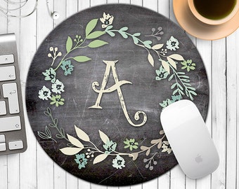 Chalkboard Initial Mousepad, Chalkboard Floral Wreath Mouse Pad, Chalk Monogram and Flowers Mousepad, Boho Chic Mouse Pad