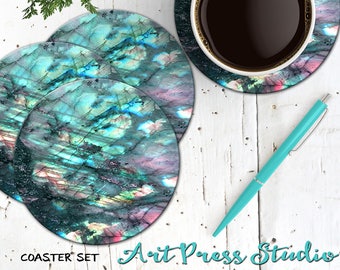 Labradorite Coasters, Rainbow Moonstone Coasters, Set of 4 Cork Back Boho Gemstone Coasters, Spiritual Labradorite Stone