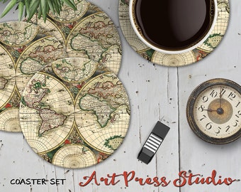 Vintage World Map Coaster Set, Map Coasters, World Travel Coasters, Boho Chic Map Coasters